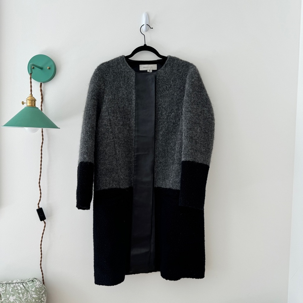 Gerard Darrel Black and Grey Long Wool Button Down Coat with Leather Trim